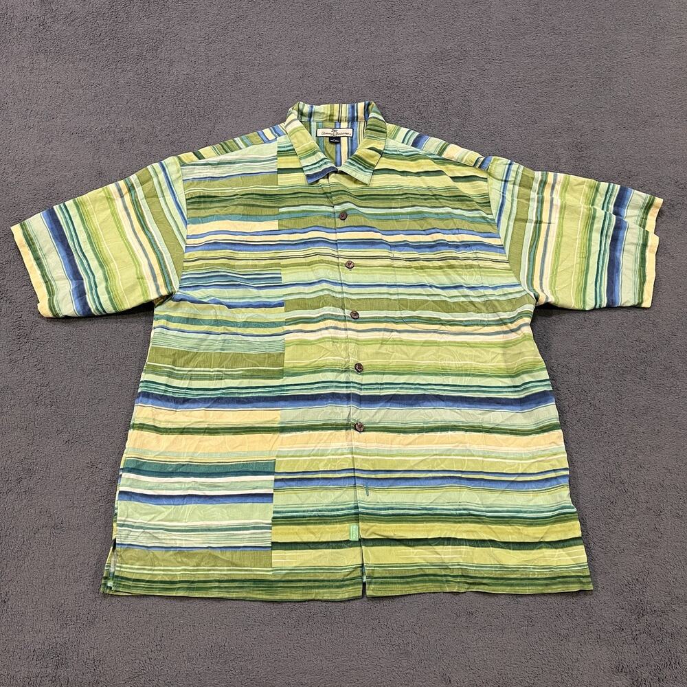 Tommy Bahama Green Blue Yellow Striped Button Up 100% SILK Shirt Mens Size XL